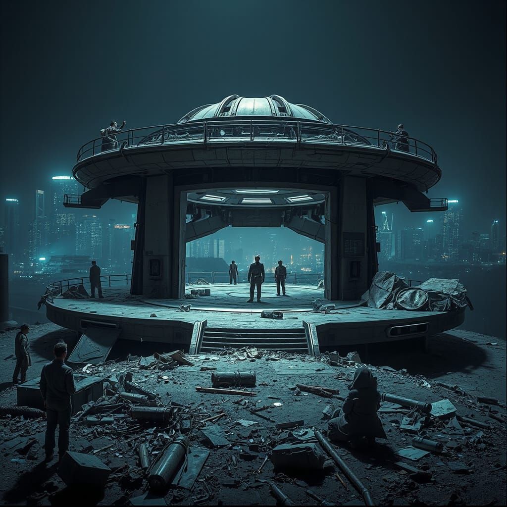 Abandoned Sci-Fi Space Station Overlooking Dystopian City
