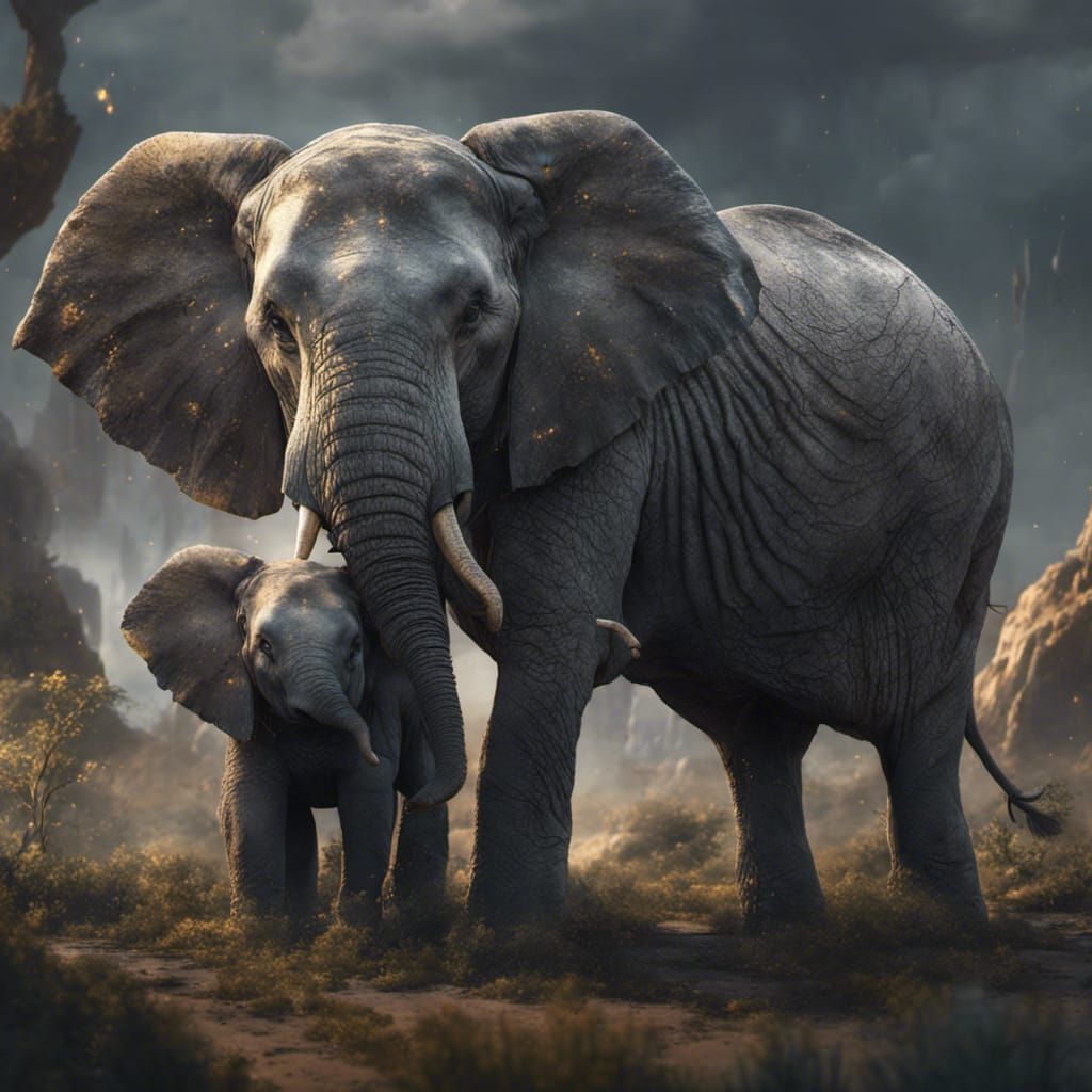 Elephant Mother and Baby: Detailed Fantasy Art