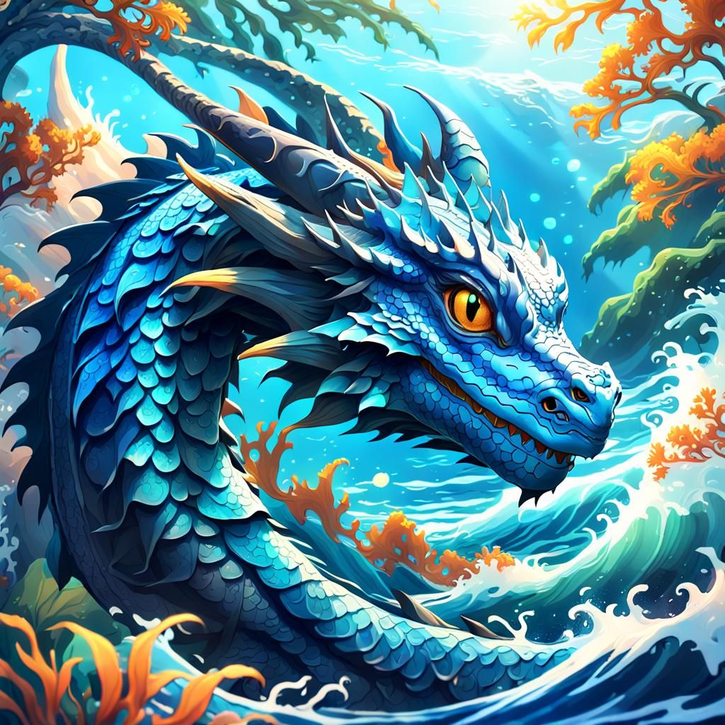 Majestic Blue Water Dragon in Anime Style