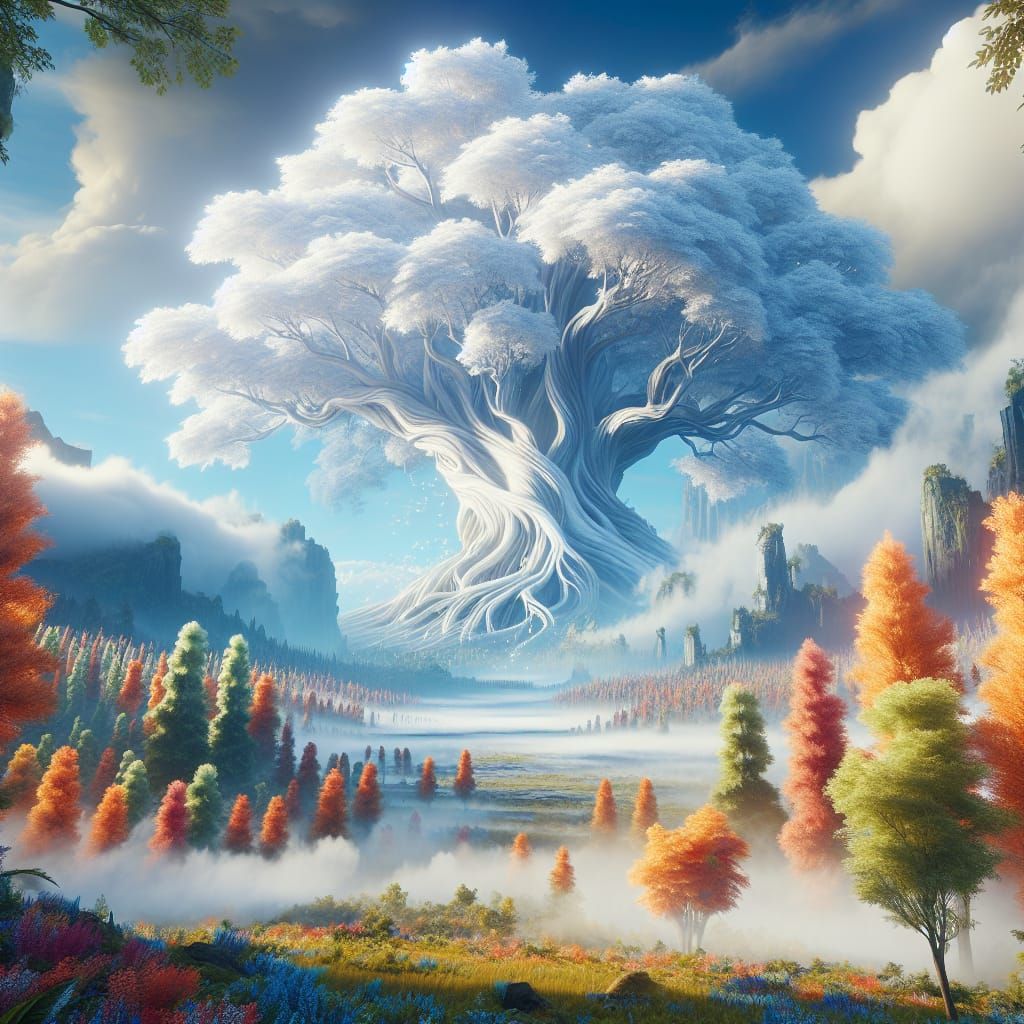 Majestic White Tree on Misty Plains: Fantasy Concept Art