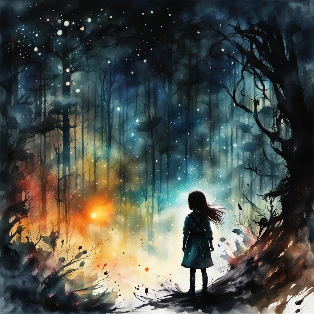 Scared Girl Silhouette in Dark Fantasy Forest