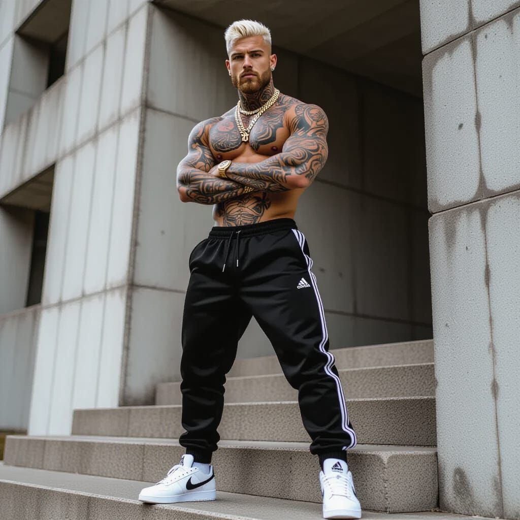 Tattooed Model in Decayed Brutalist Hall, Editorial Realism