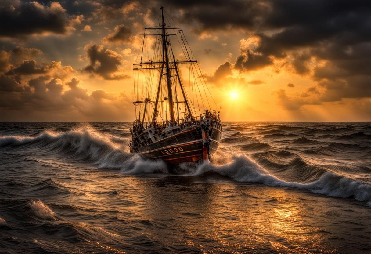 Ship Navigating a Stormy Sea in Hyperrealistic Detail