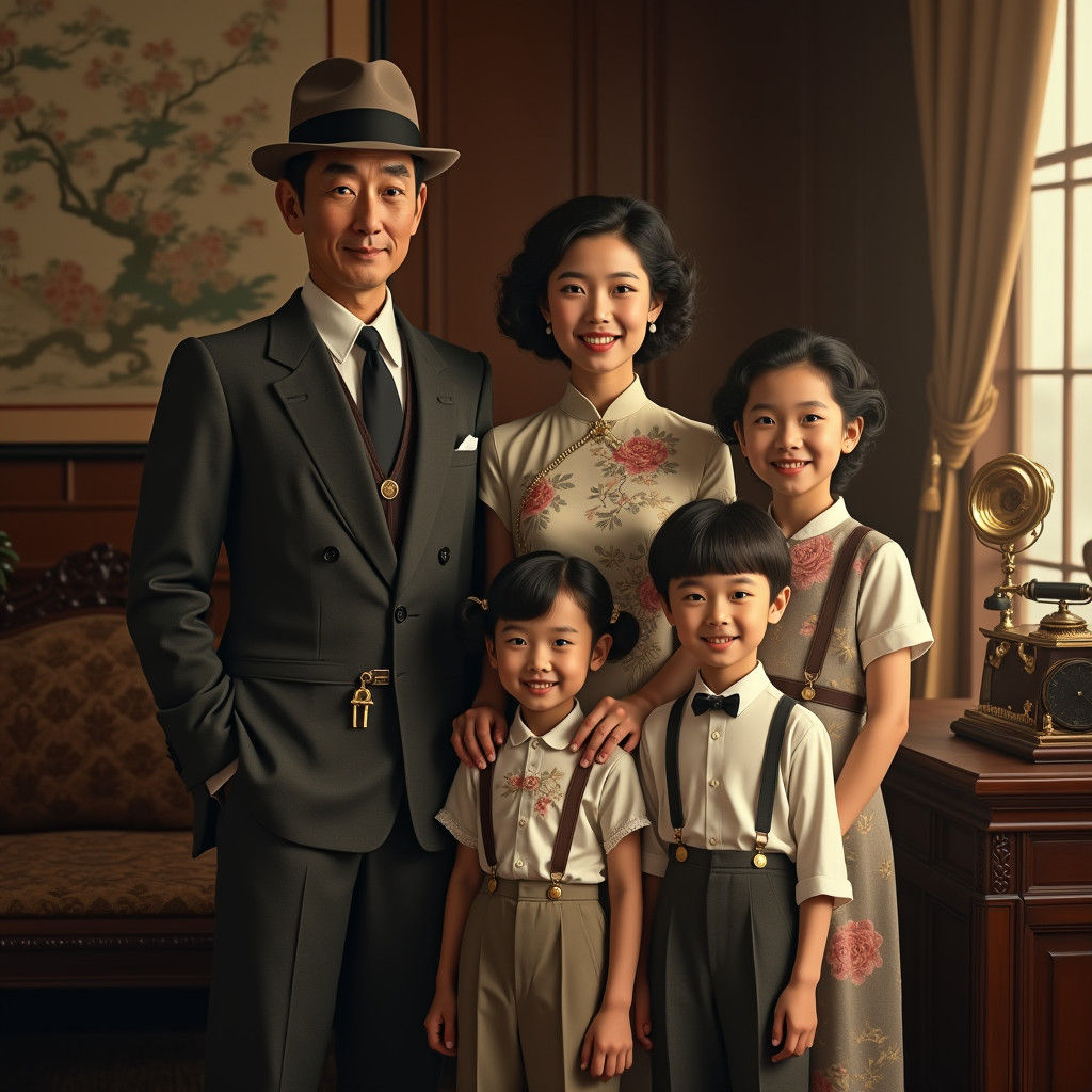 Vintage 1940s Asian Family Portrait