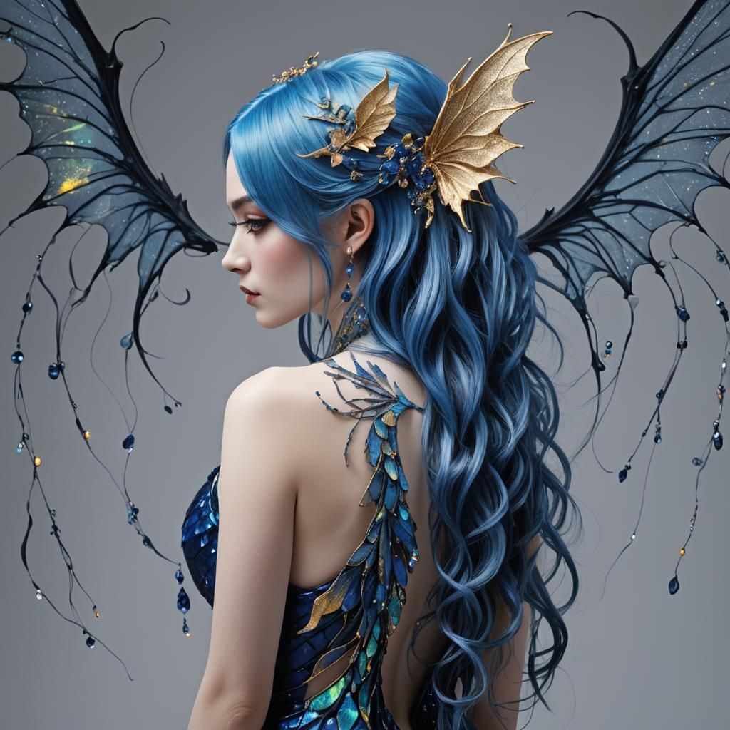 Gothic Woman with Blue Hair and Bat Wings