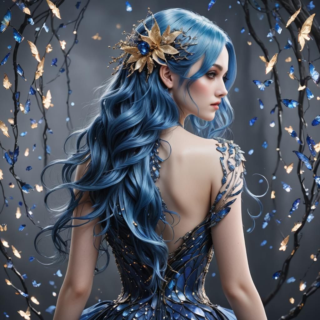 Gothic Woman with Blue Hair and Wings
