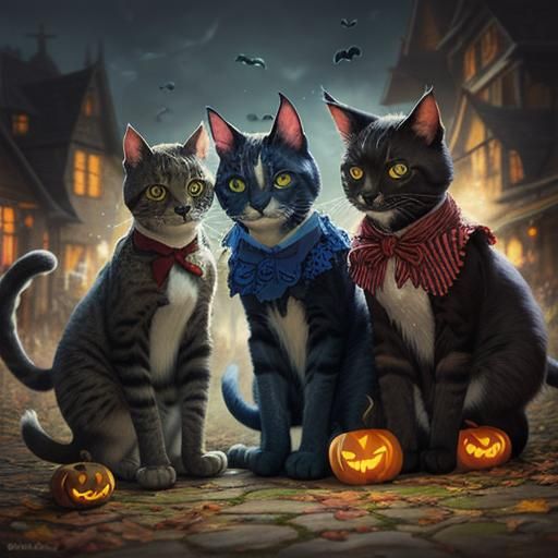 Hyperrealistic Cats Trick-or-Treat in Colorful Costumes