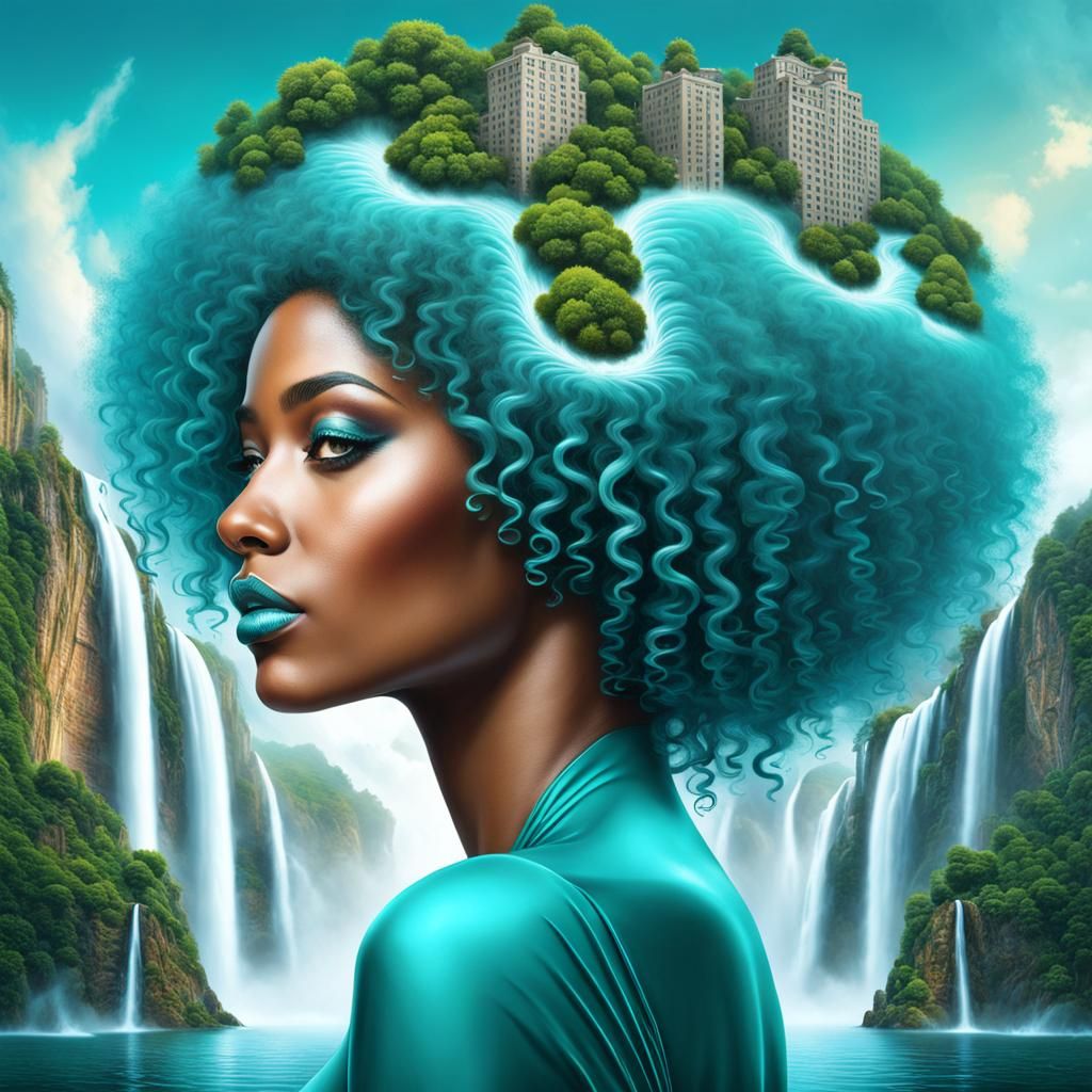 Teal Afro Woman with Waterfalls: Brain City Art