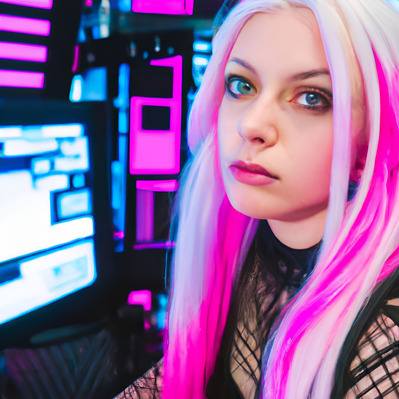 Cyberpunk Goth Girl Portrait with Futuristic Computer