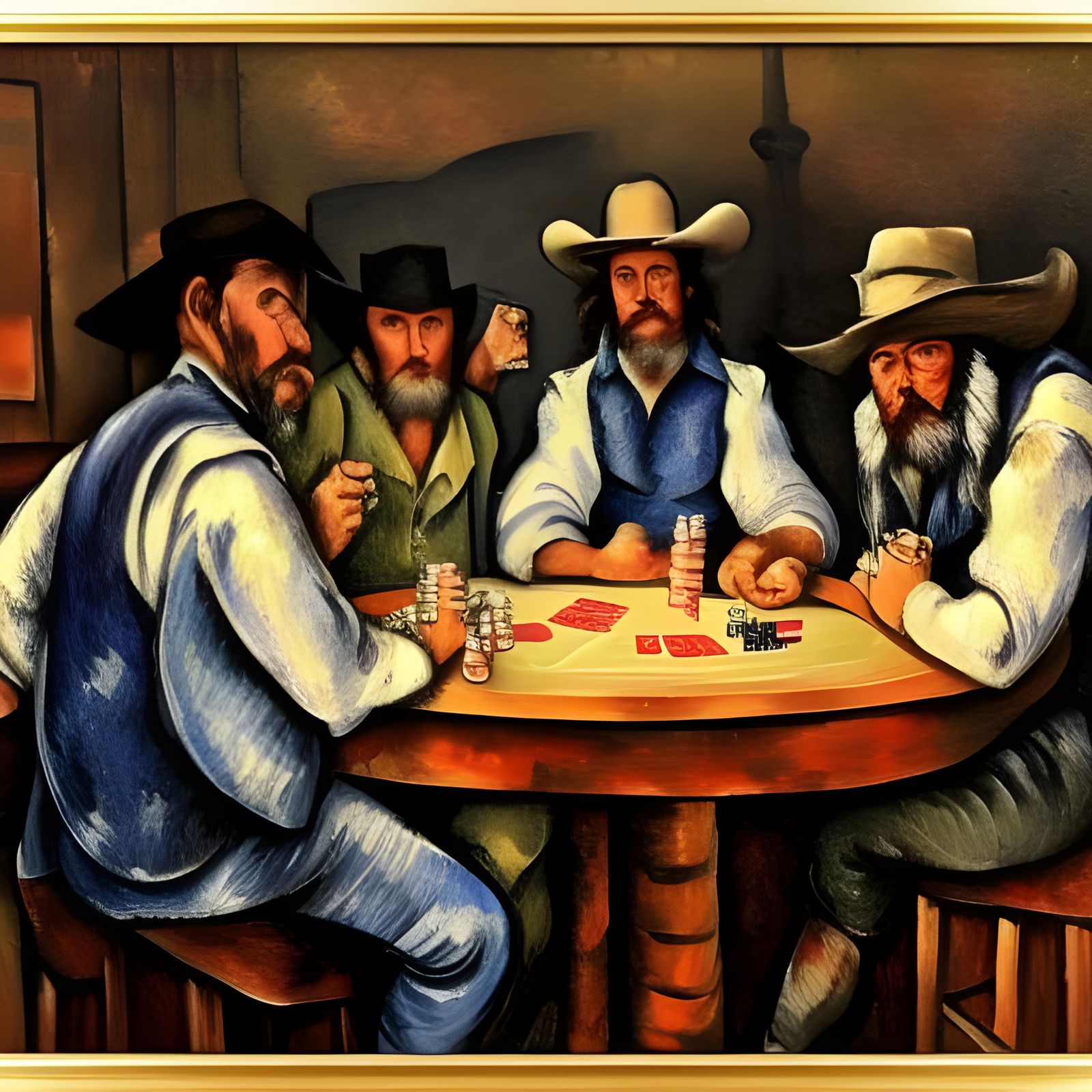 four wild west gamblers playing poker at a round table in th...