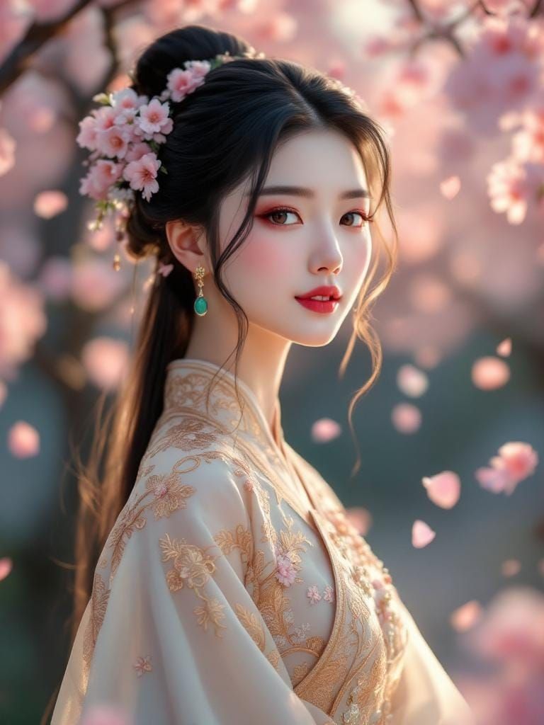 Woman in Cherry Blossom Grove with Ethereal Lighting