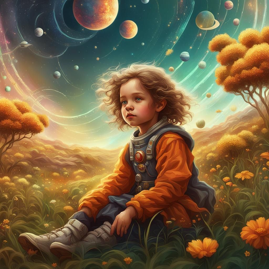 Girl in Sci-Fi Landscape as Pointillist Art