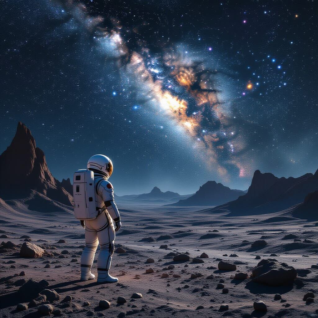 Astronaut Gazes at Nebula on Barren Alien World