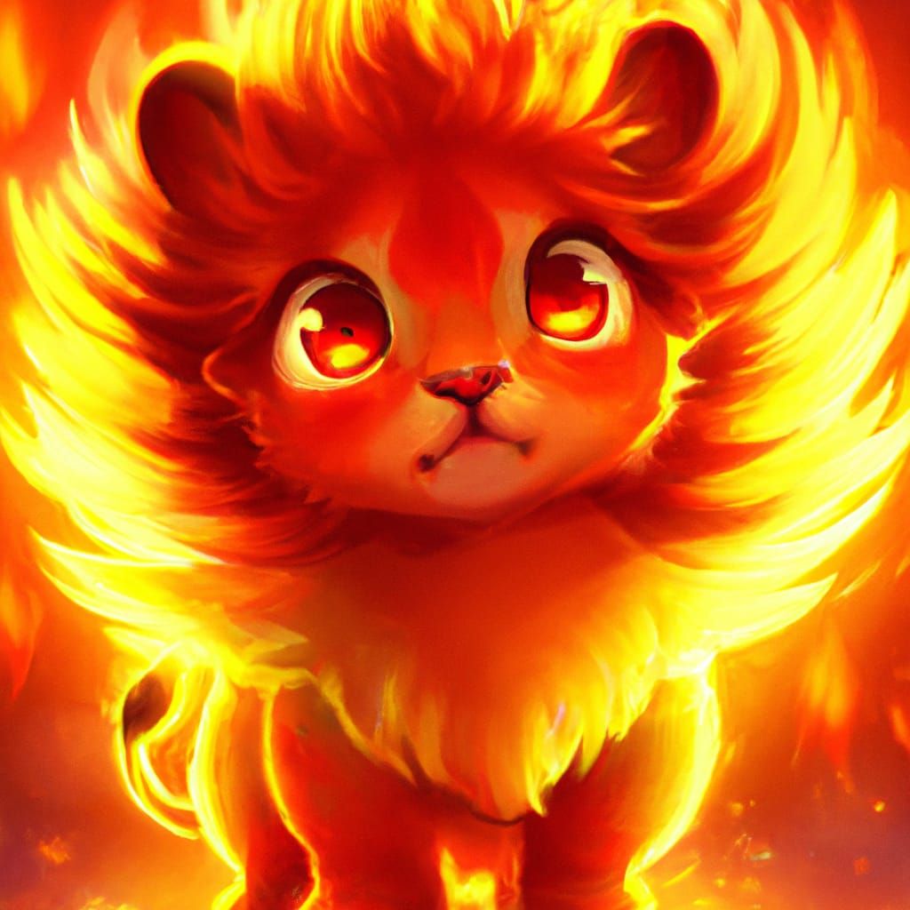 Adorable Burning Lion Cub with Fiery Mane