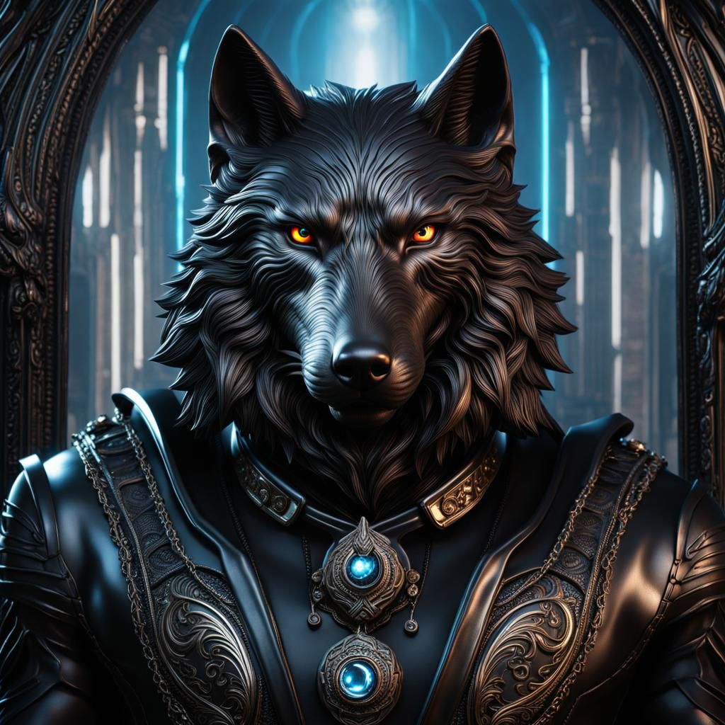 Anthropomorphic Wolf in Black Latex Suit