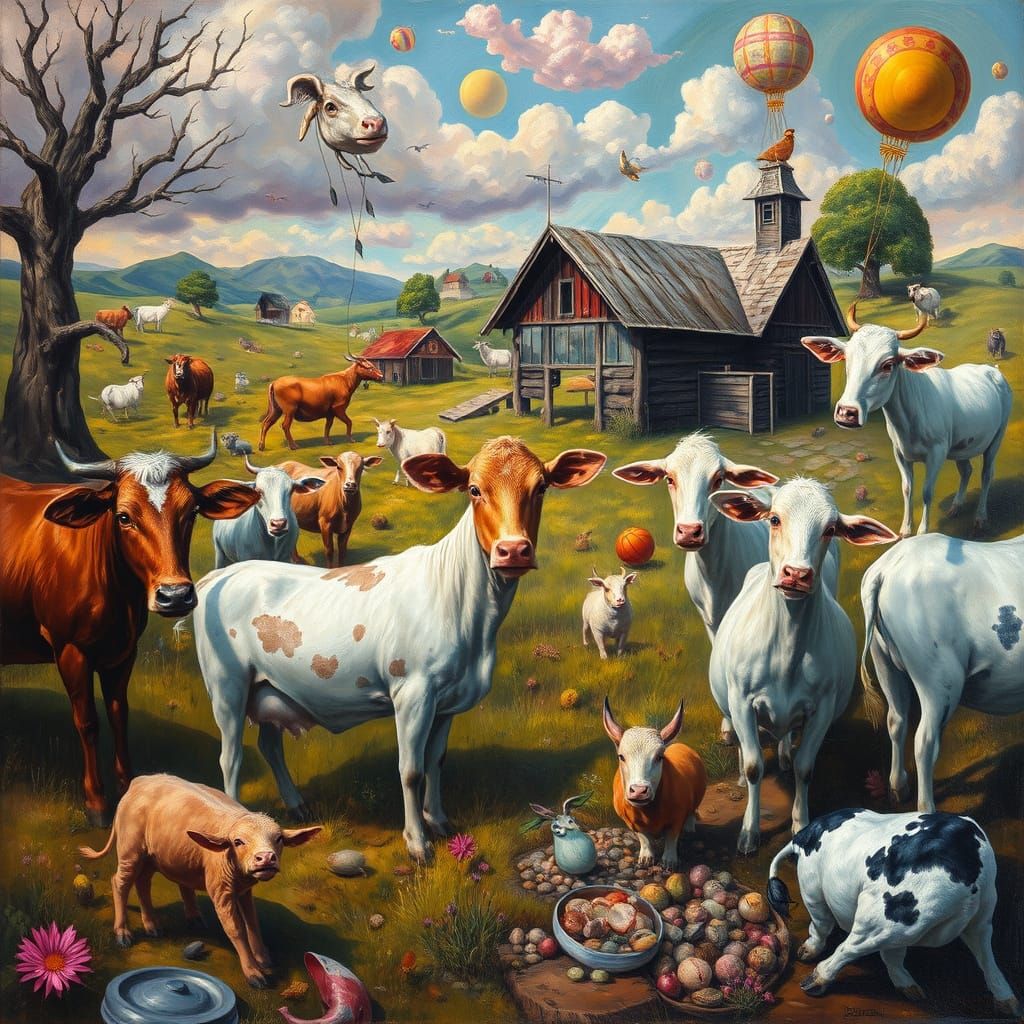 Whimsical Farm Animals in Surreal Dreamscape Oil Painting
