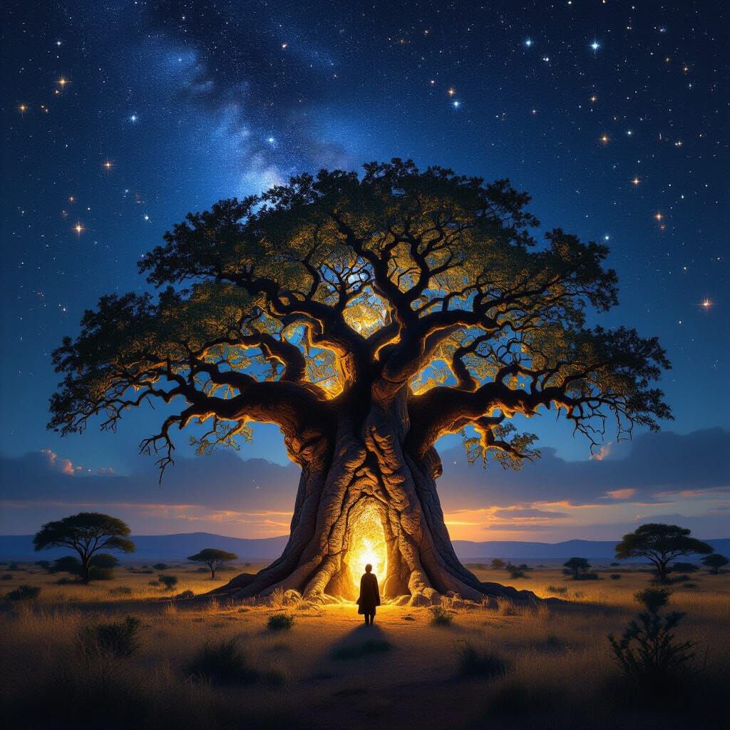 Ancient Baobab Tree Dominates Starry Savannah Landscape