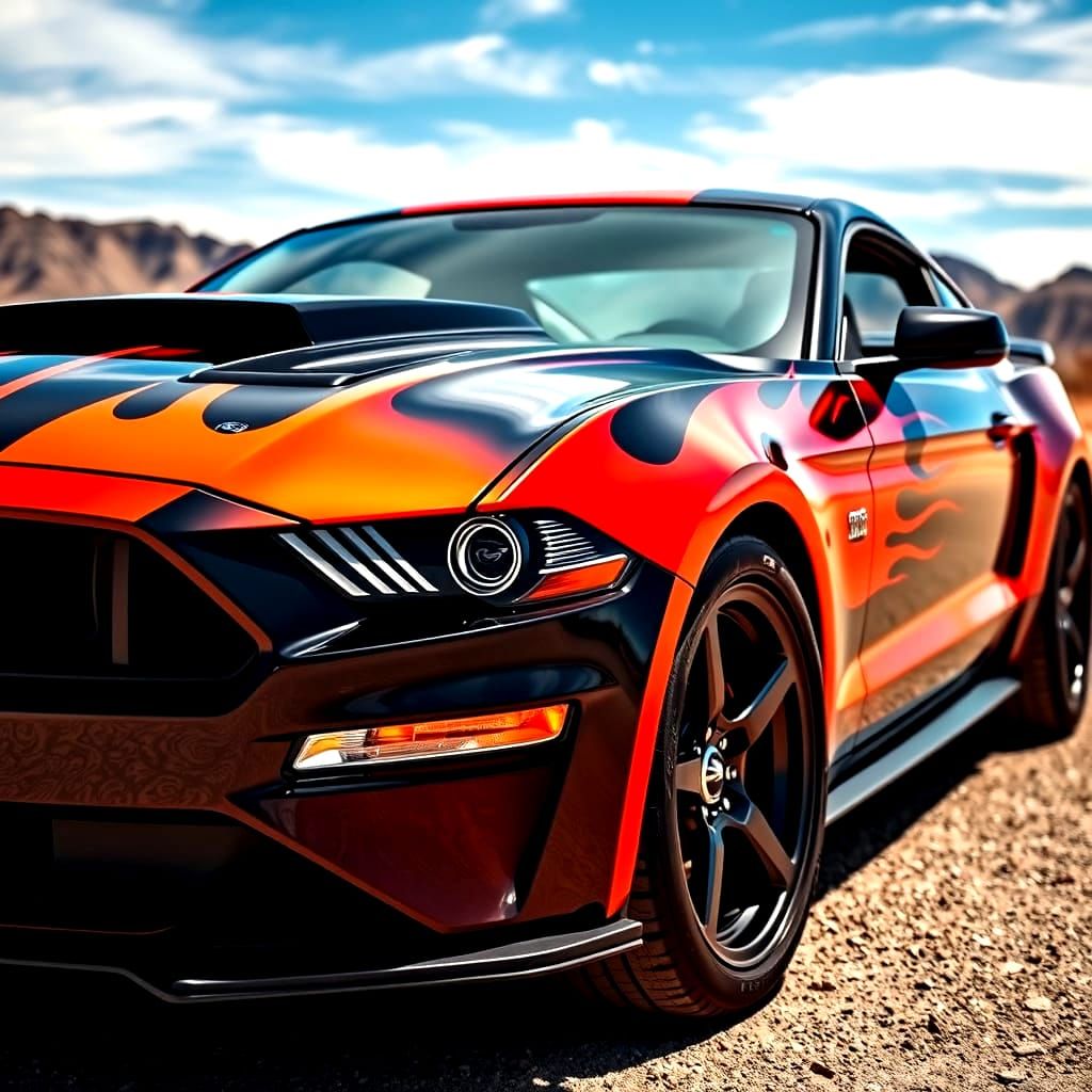 Black Ford Mustang with Flames in Nevada Desert