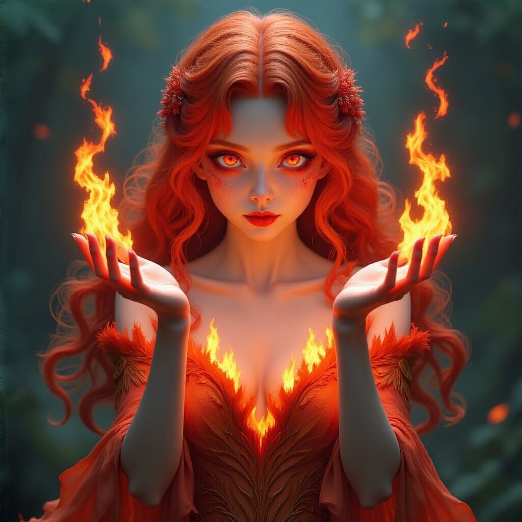 Fiery Portrait of a Girl with Red Hair and Eyes