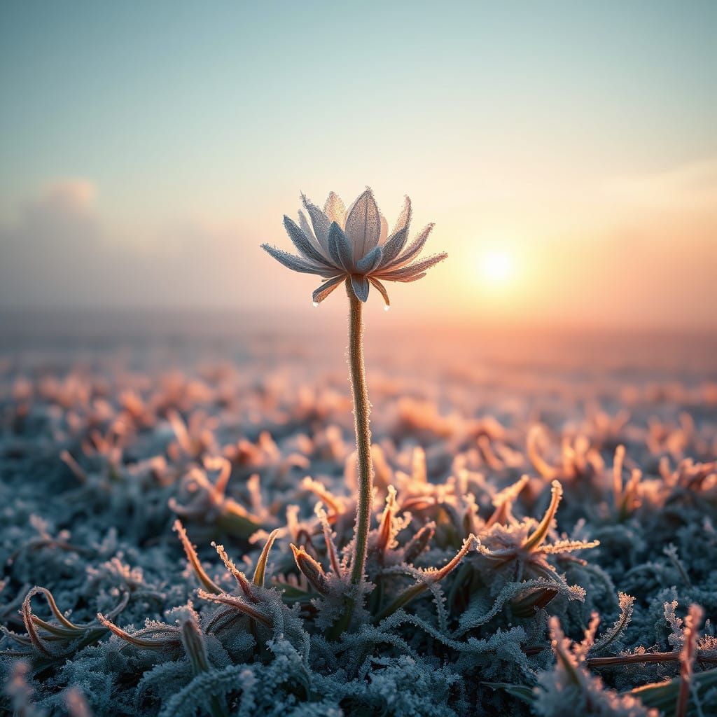 Ethereal Ice Encrusted Flower Basks in Morning Light on Fros...