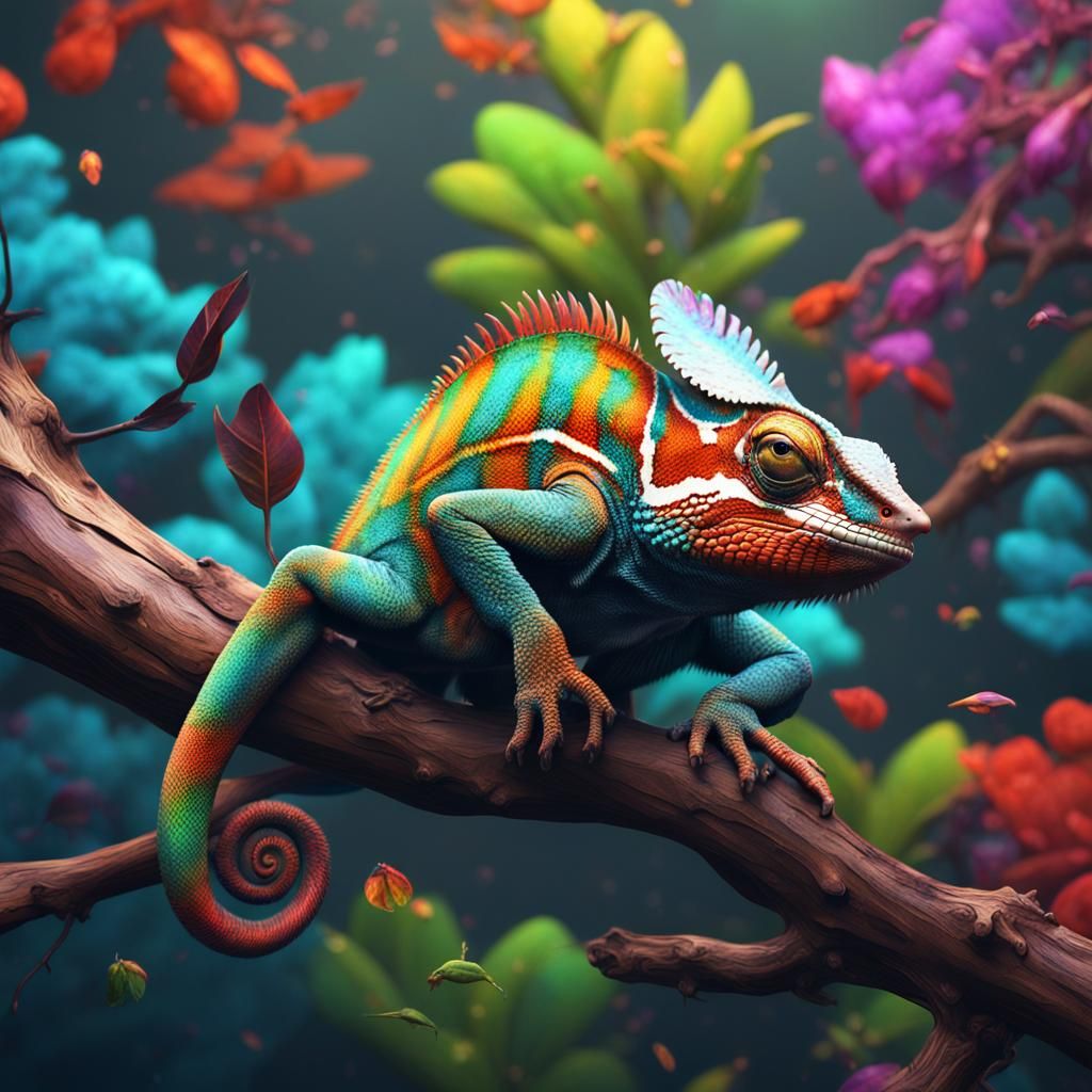 Hyperrealistic Chameleon in Colorful Fantasy Art