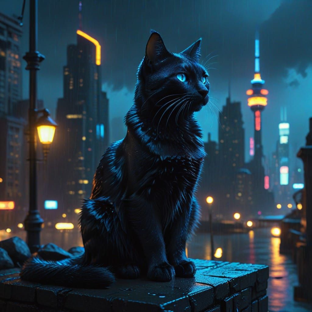 Cyberpunk Chantilly Cat in Neon Noir Cityscape