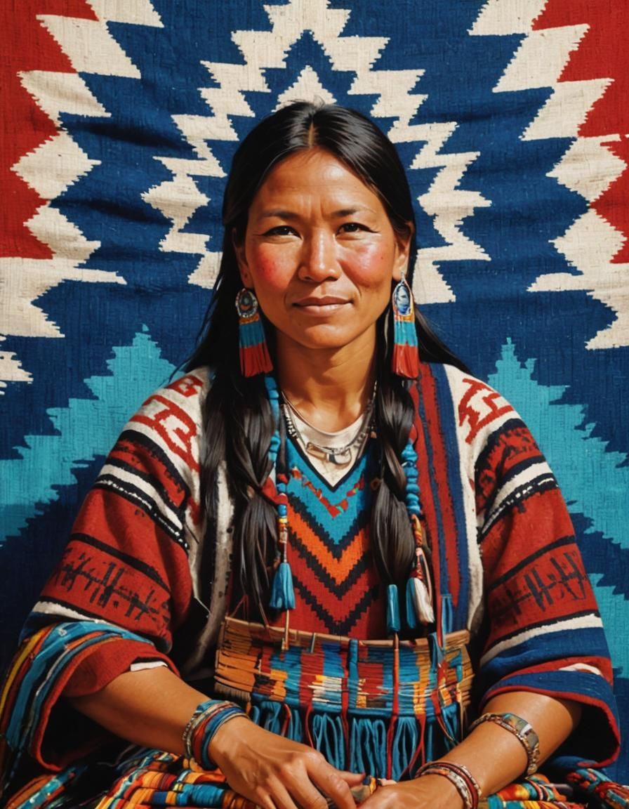 Navajo woman in front of traditional woven blanket