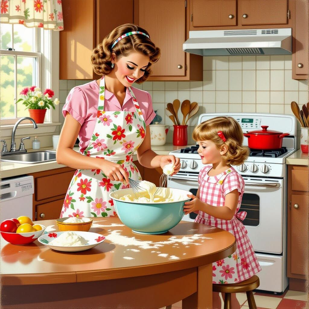 Retro 1950s Kitchen Scene: Mother and Daughter Baking