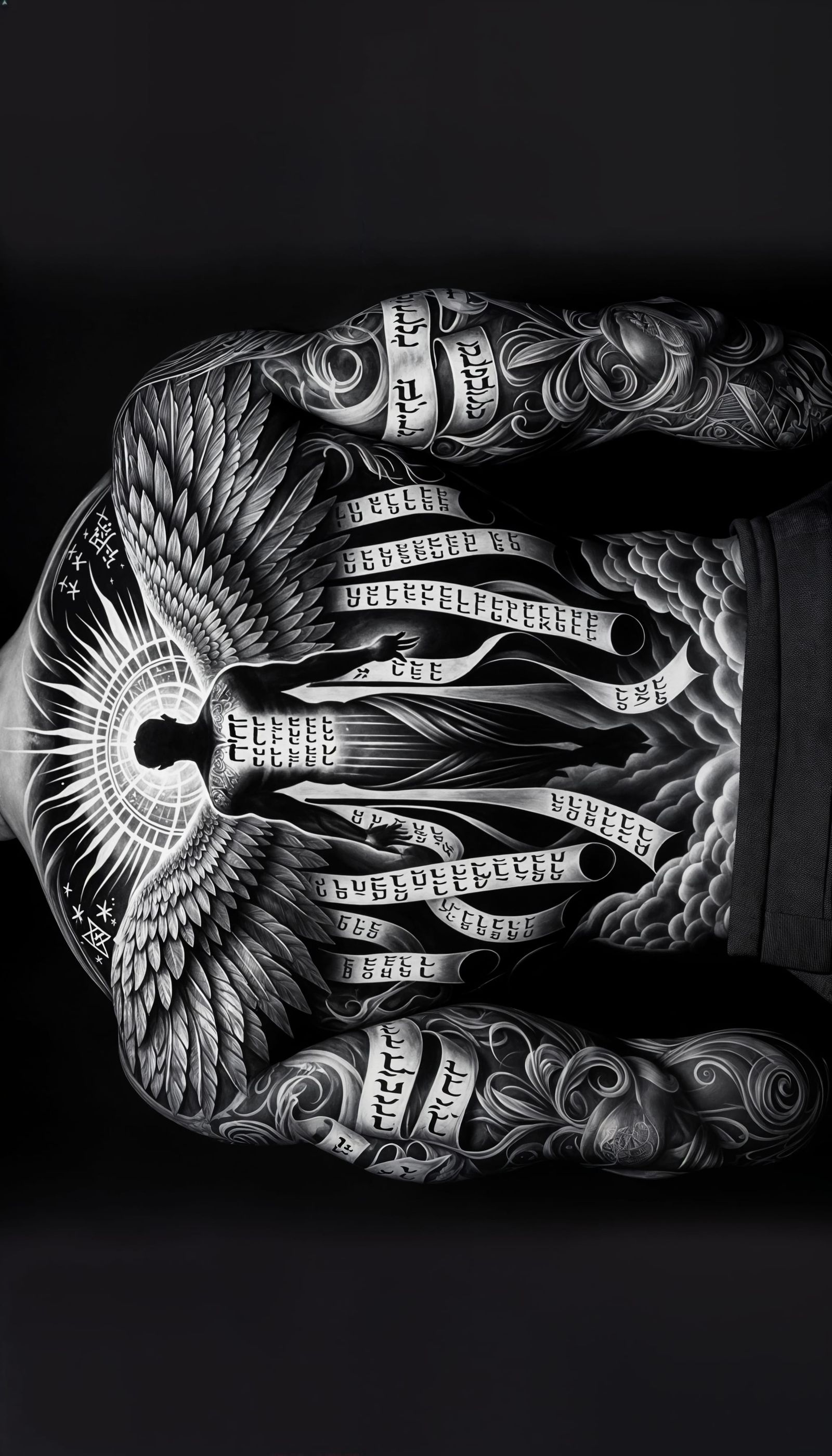 A black-and-white back tattoo on a man, featuring a dualisti...