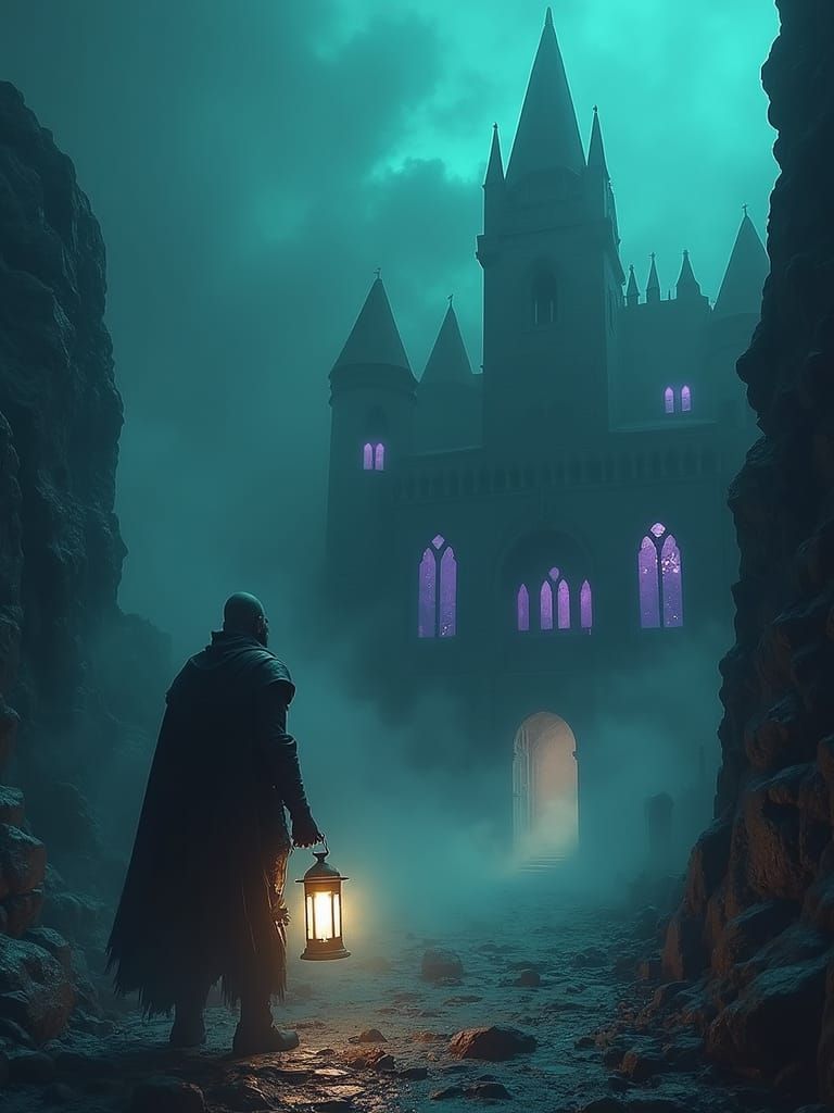 Neon Lit Castle in Shadows and Mist