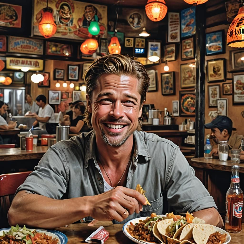 Brad Pitt Enjoys Tacos: Hyperrealistic Restaurant Portrait