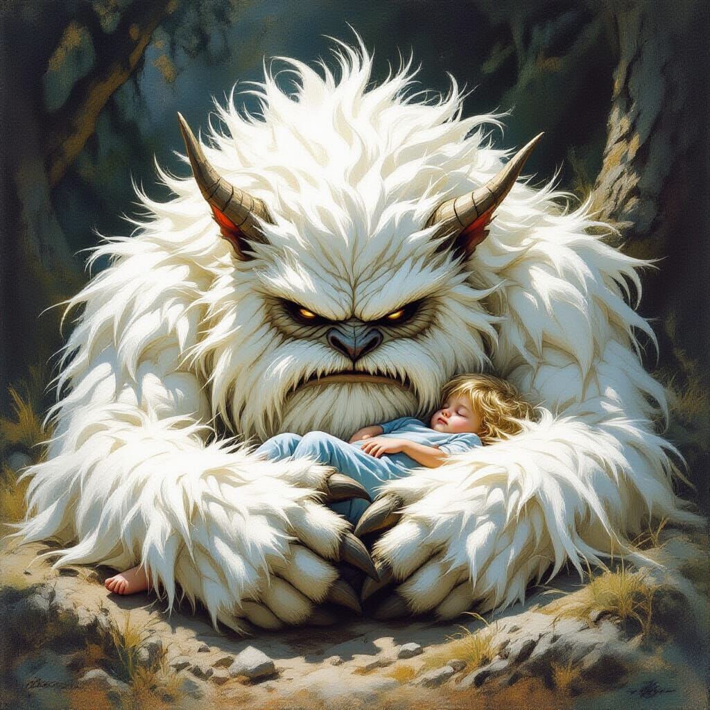 Gentle Monster Protects Sleeping Child: Oil Painting