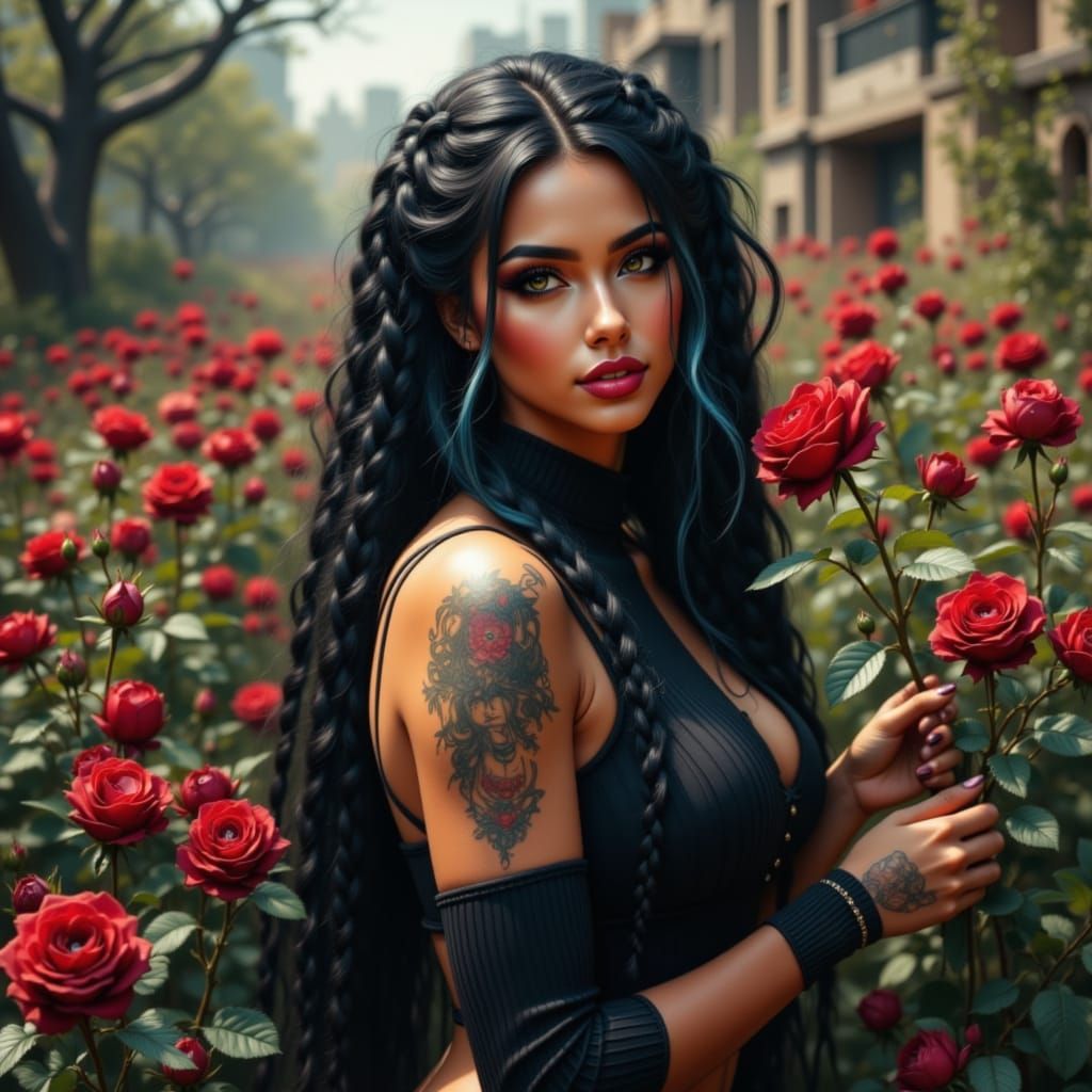 Muscular Goth Woman Picking Rose in Pinup Style