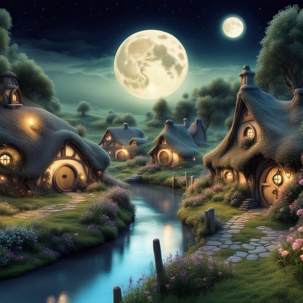 Hobbit Village in the Shire at Night