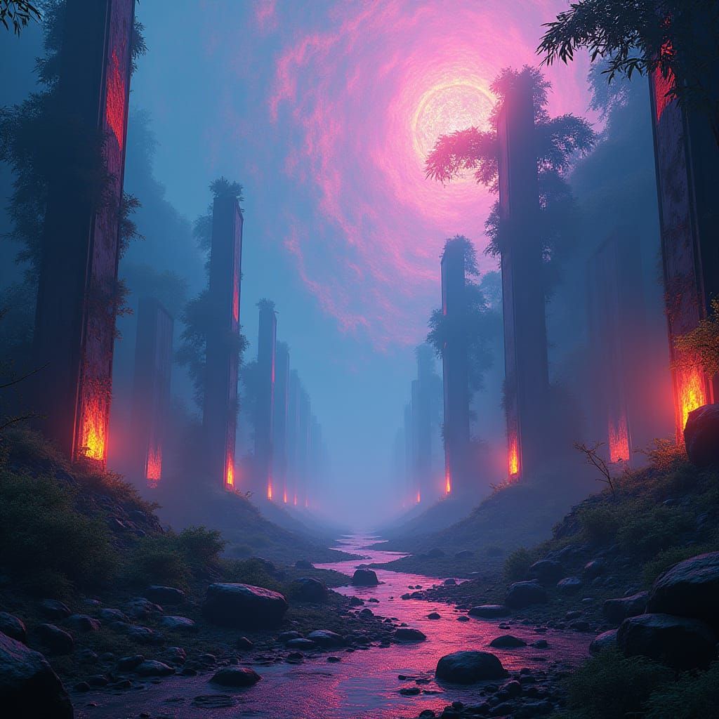 Mystical Neon Realm in Digital Matte Painting Style