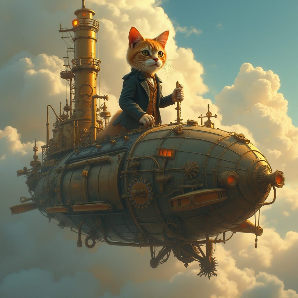 Steampunk Cat Airship Soaring Through Gear-Filled Sky