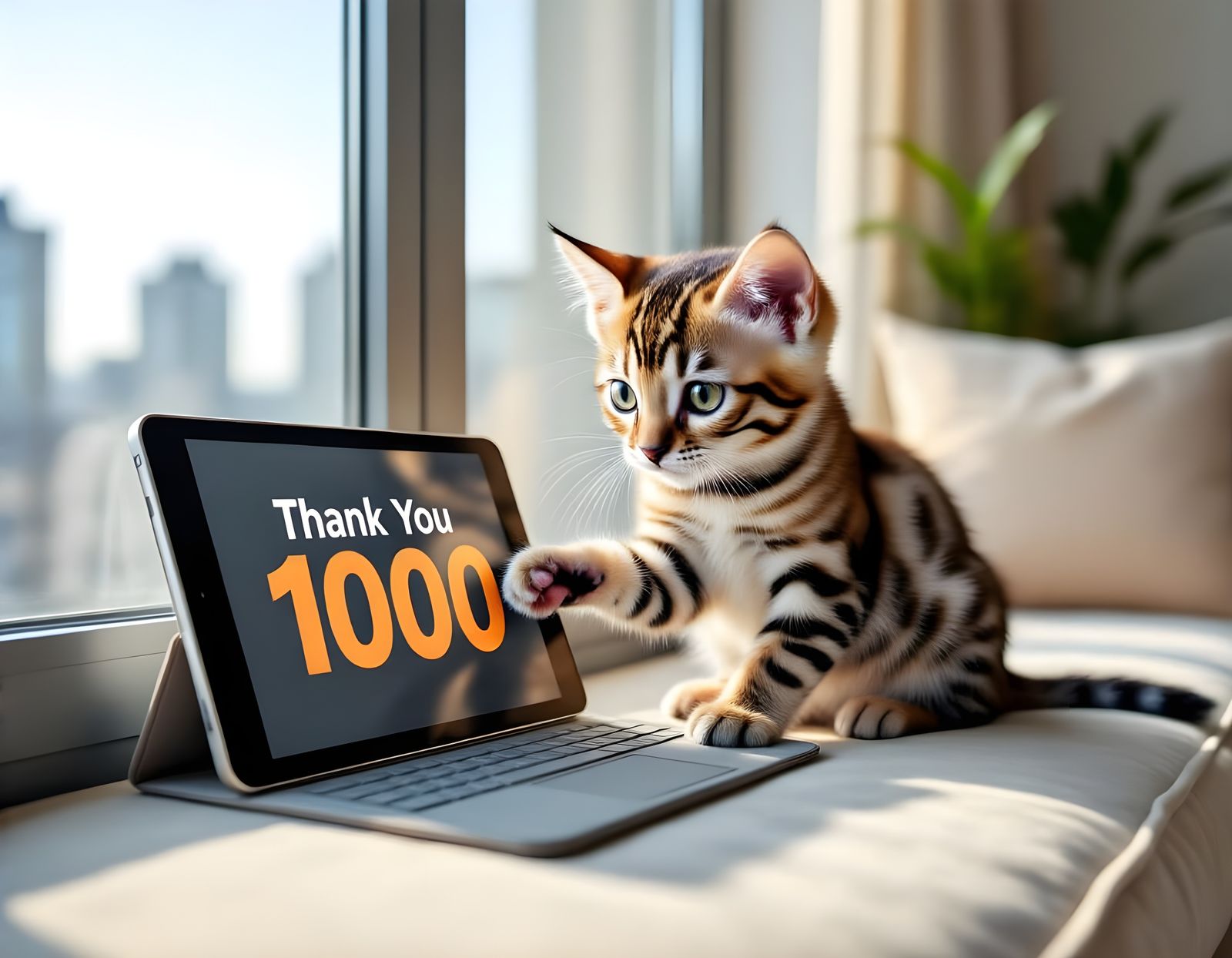 Cute Cat Thanks 1000 Milestone in Sunlit Studio