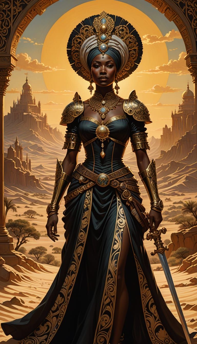 Ebony Warrior Queen in Golden Desert Sunset