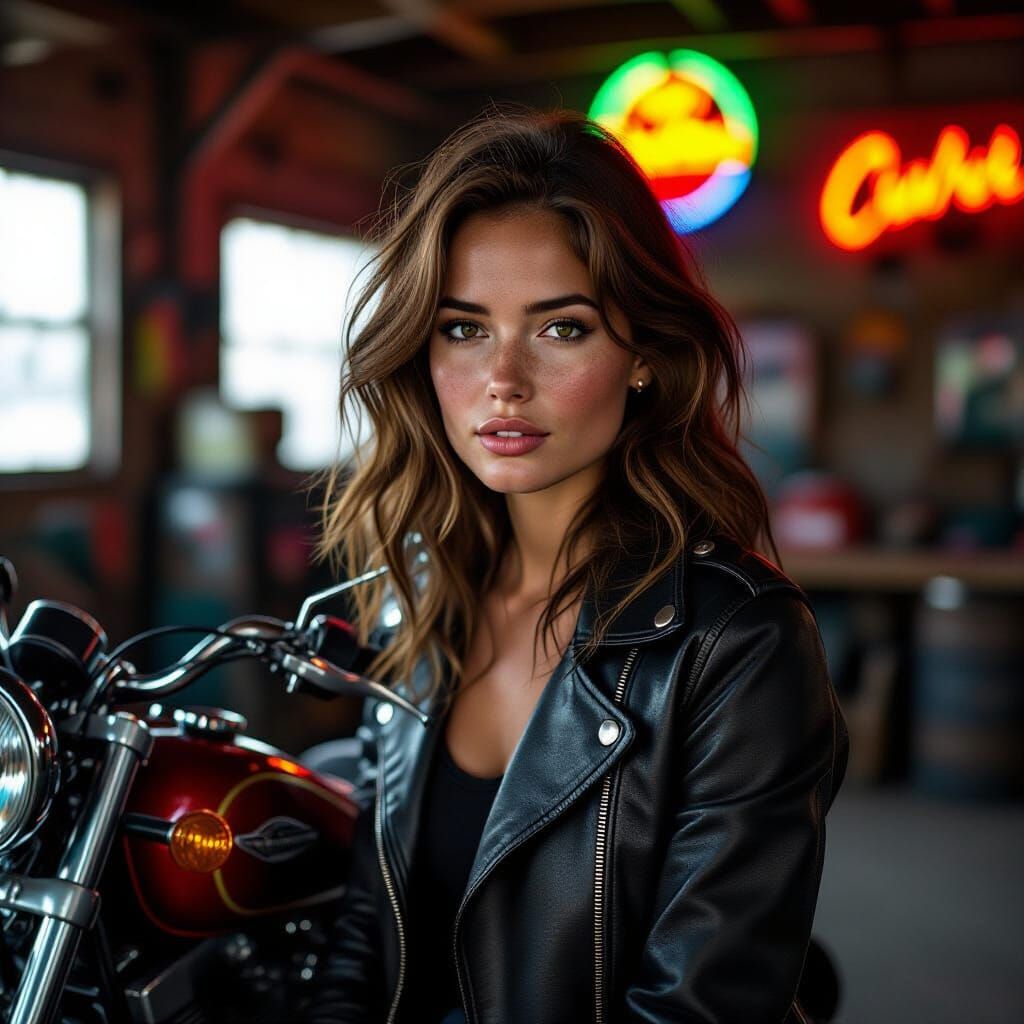 Freckled Woman with Motorcycle: Realistic Photography