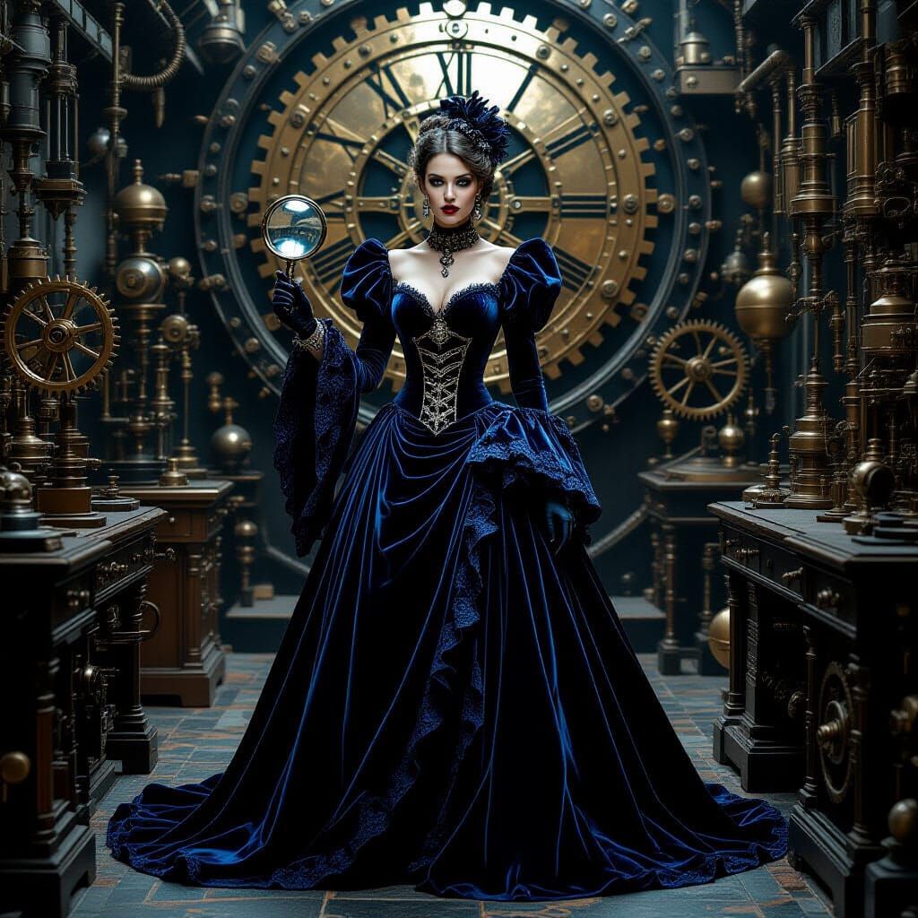 Gothic Woman in Clockwork Laboratory, Biomechanical Style