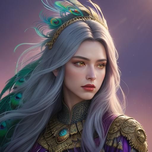 Peacock Feather Woman Portrait in Maximalist Style