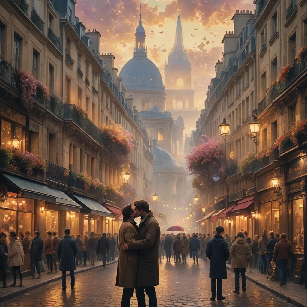 Romantic Kiss in Paris: Ethereal Cinematic Still