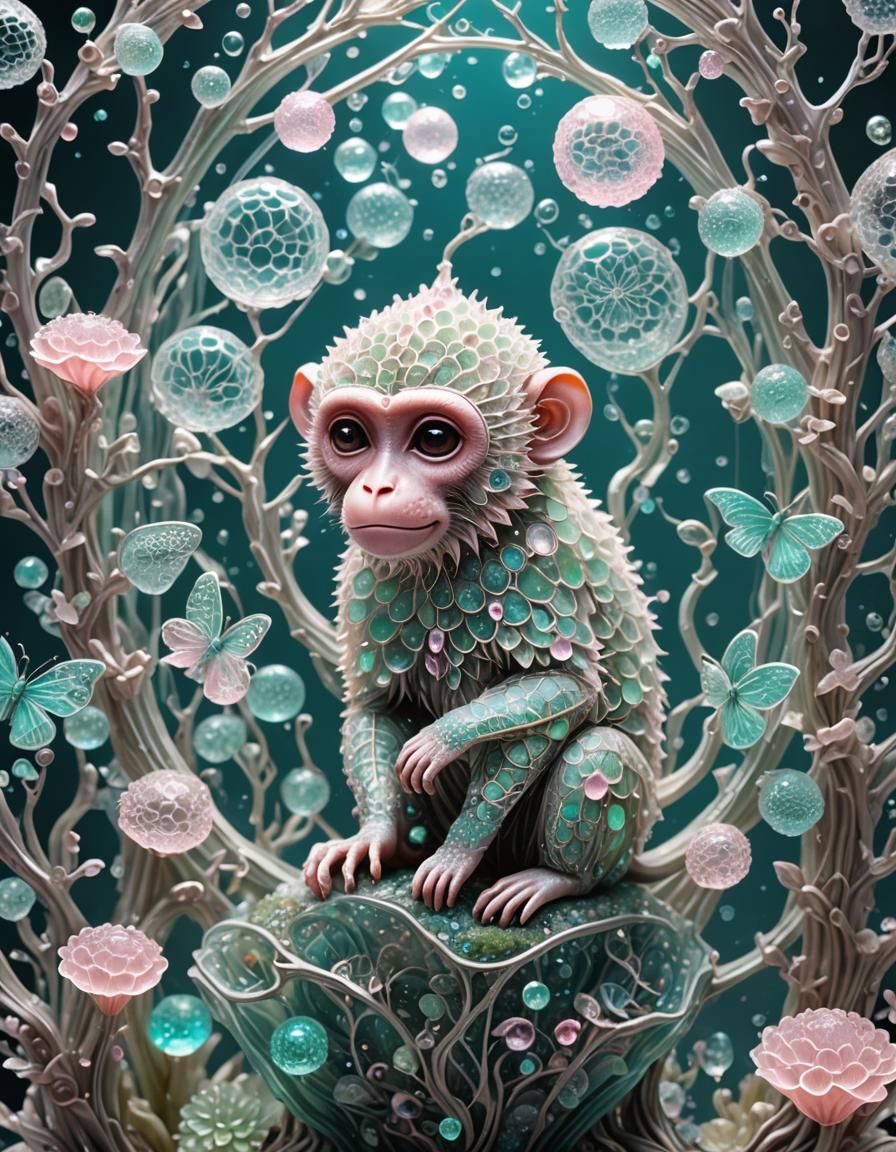 Crystal Monkey Sculpture with Bioluminescent Butterflies