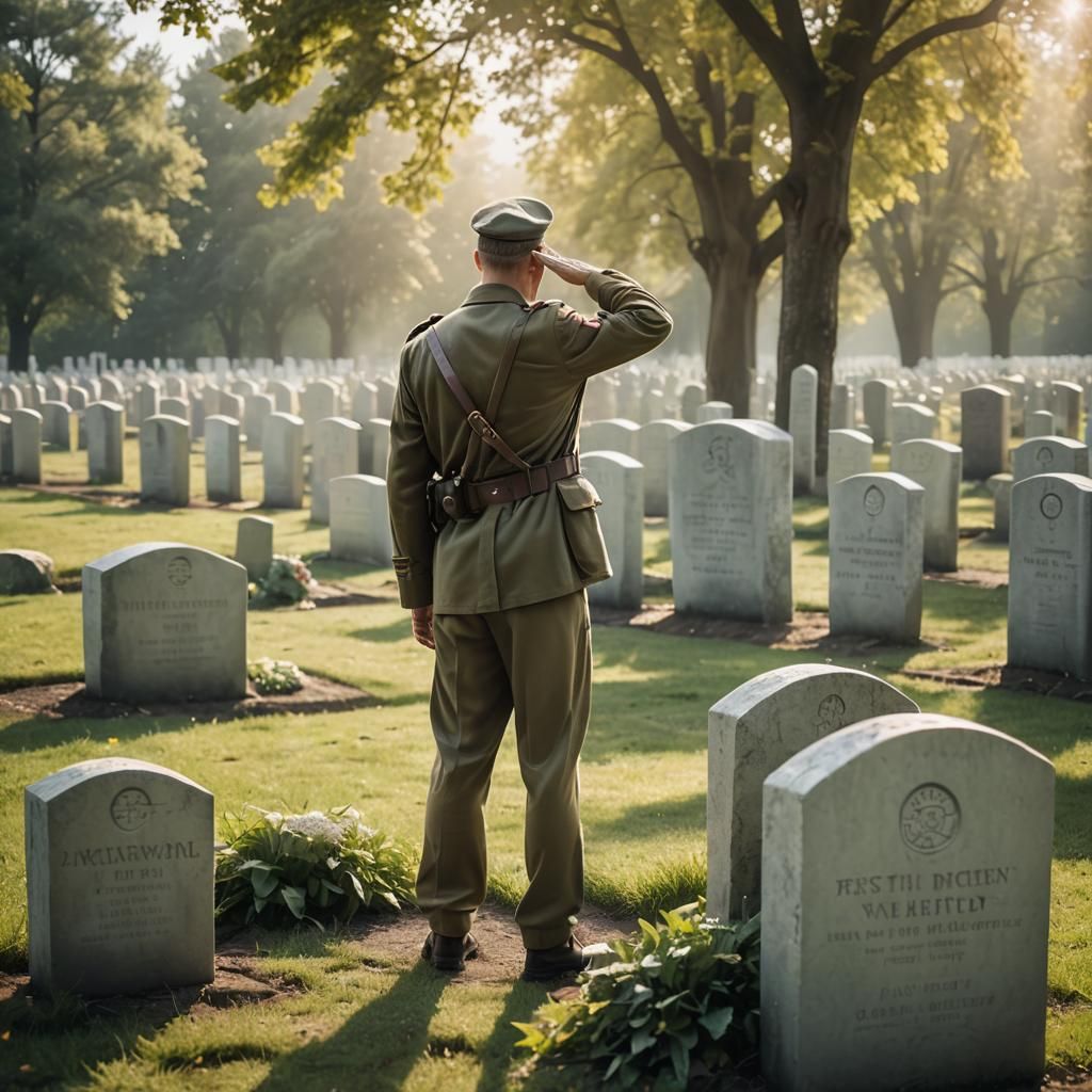 WWII Soldier Saluting at Headstone in Heaven