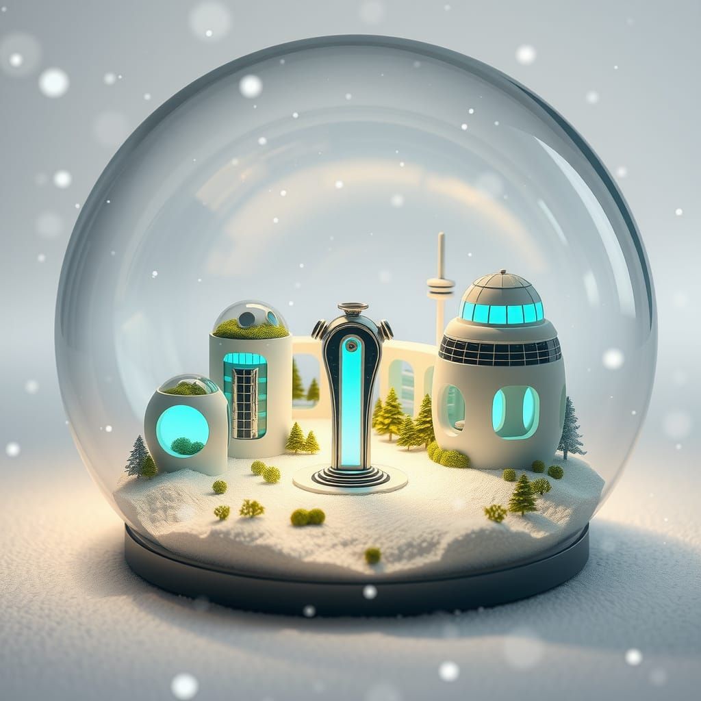 Frutiger Aero City in a Snow Globe