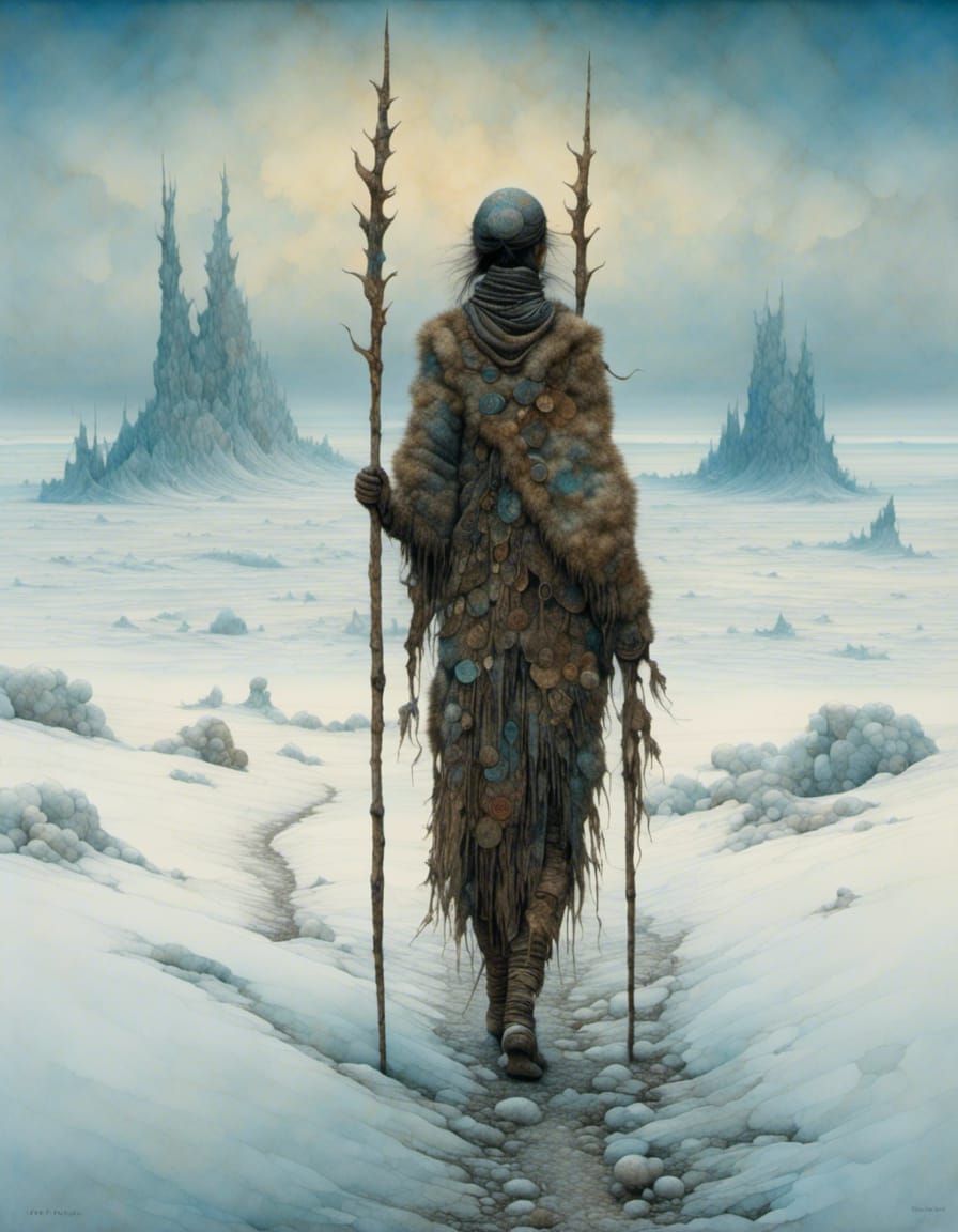 <lora:NC Hyperreal:1.0> <lora:Aquarius:1.0> A primitive human woman wearing seal-skin clothing walks towards the viewer ...