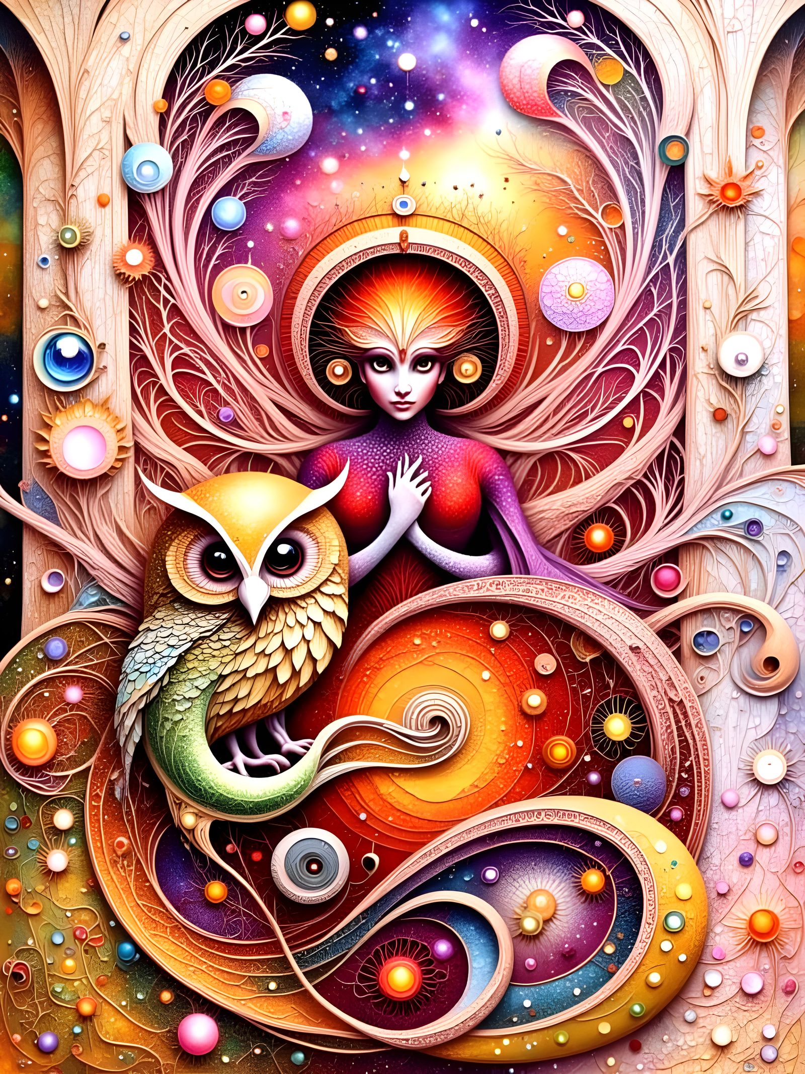 Fractal Owl Goddess Amidst Dreamscape