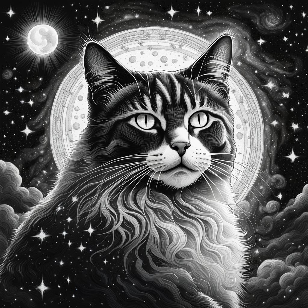 Cosmic Cat Portrait in Pablo Amaringo Style