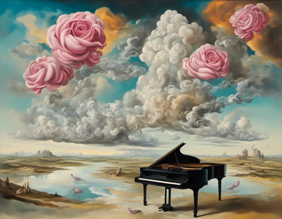 Surreal Rose Violin Keyboard with Swirling Clouds