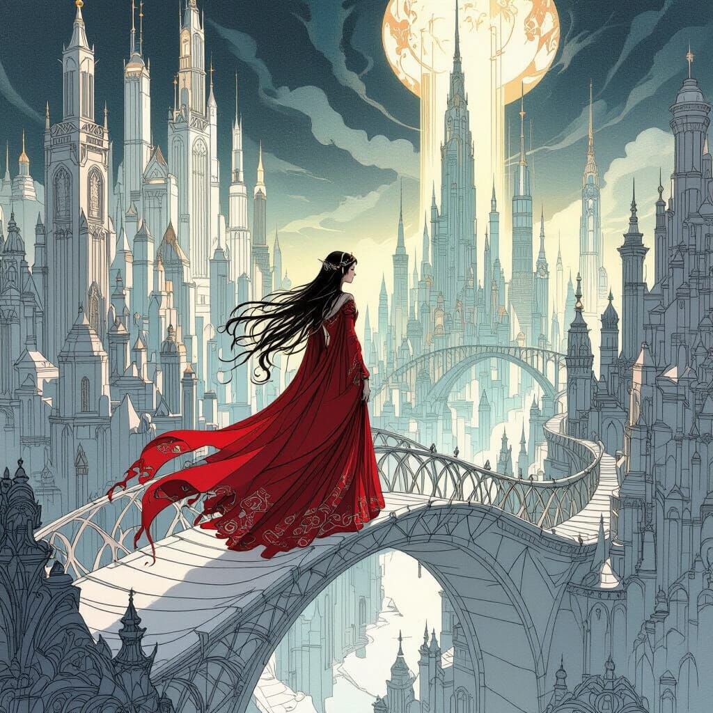 Elven Maiden on Paper Bridge Over Papercraft City